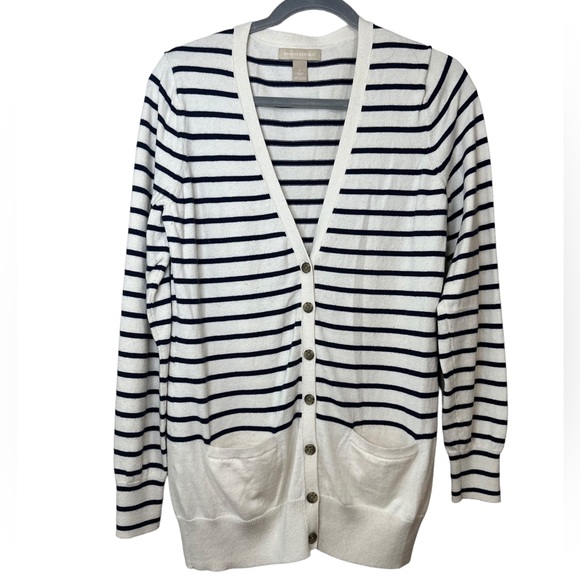 Banana Republic Navy/White striped button up cardigan. Size Large - Picture 2 of 7